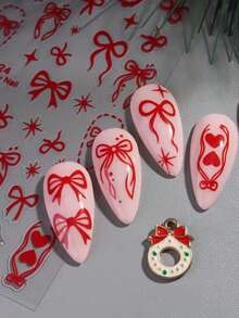 Red Bow & Heart-Shaped Nail Stickers, Valentine's Day Stickers, Red Bow Star-Chain Diamond Pattern, Sweet French Festival Red Bow Nail Stickers, Bow Nail Stickers, Red Heart-Shaped Nail Stickers, Y2K Design Style Nail Stickers