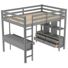 Pine Wood Loft Bed With Integrated Under-Bed Desk, Children's Bed With Bookshelf And 6 Large Drawers, Youth Bed For Teenagers' Rooms And Guest Rooms, Without Mattress - 灰色 - 查看 10