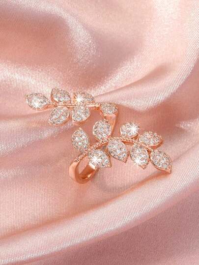 1 Pc Pretty Leaf Cubic Zirconia Ring For Women For Wedding Engagement Anniversary Party Jewelry Valentine's Day Gift