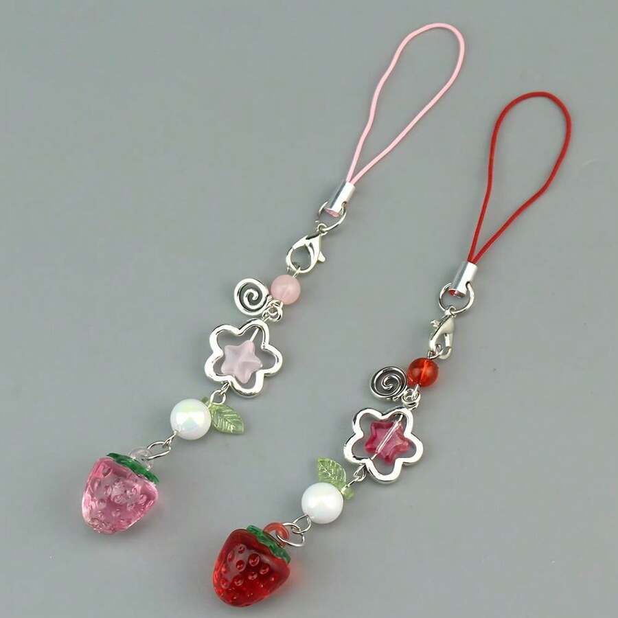 1pc Pink Strawberry Mobile Phone Chain Keychain, Sweetheart Haruhi Monogatari Style, Synthetic Resin Material, Casual Design For Valentine's Day, Carnival, Or Football Events - Multicolor - View 1