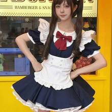 1件甜美可爱修身日式女仆咖啡厅服装，荷叶边下摆连衣裙+大蝴蝶结+泡泡袖洛丽塔连衣裙，适合角色扮演活动、摄影，建议搭配衬裙。