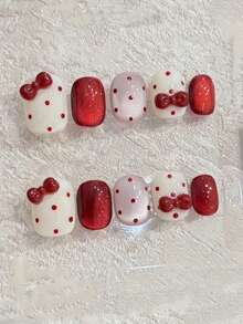 10pcs Handmade Red Bow Polka Dot Beige Cat Eye Nail Stickers, Short Square Cute False Nails, Suitable For Daily Wear, For Women And Girls, Press-On Nail Stickers, Nail Art Products Nail Supplies - Red - View 7