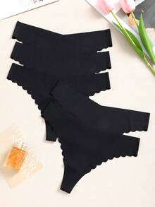 5pcs/Pack Women's Seamless Thong Panties, Low Waist Black Smooth Silky Invisible Underwear With Ruffled Trim, Basic Satin Sexy Thong, Thin Breathable G-String - Black - View 7