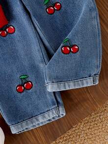 2pcs Baby Girl Fashion Set: Colorblock Shirt Collar Cherry Embroidery Short Sleeve Top And Ruffle Waist Button Decor Cherry Embroidery Flared Hem Jeans Pants Suit - Burgundy - View 7