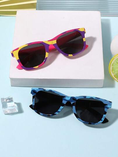 2 PIEZAS Gafas de moda de marco rectangular de policarbonato con estampado de camuflaje vintage para niños y niñas de 4 a 8 años, para combinar con atuendos casuales y como regalo para ocasiones festivas, con estuche