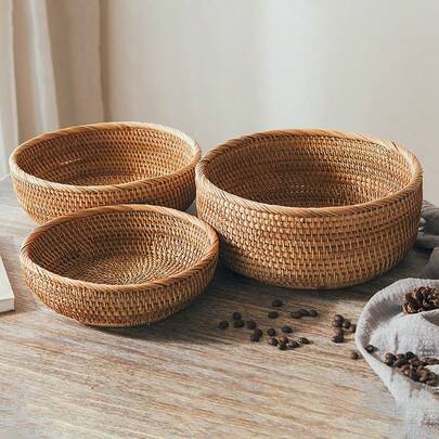 1/3pcs Round Woven Storage Basket, Suitable For Vegetables, Fruits, Bread, Snacks, Decorative For Tabletop, Living Room, Bathroom, Kitchen Counter (Small/Medium/Large), Modern Boho Style Rope Plant Hanging Basket, Wooden Rattan Geometric Basket With Natural Metal Frame Accent, Suitable For Coastal Garden Decor