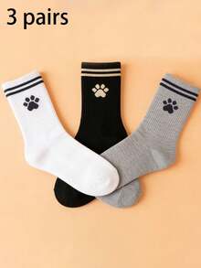 1/3/6双装卡通爪印中筒袜，男女通用黑白灰条纹棉袜，透气舒适休闲袜 - 彩色 - 查看 9