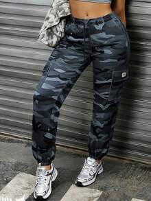Women's Camo Jogger Pants: Elastic Drawstring Waist, Oversized Cargo Pockets, And A Comfortable Ankle Cuff For Casual Outdoor Wear. - ngụy trang màu xám xanh - Xem 3