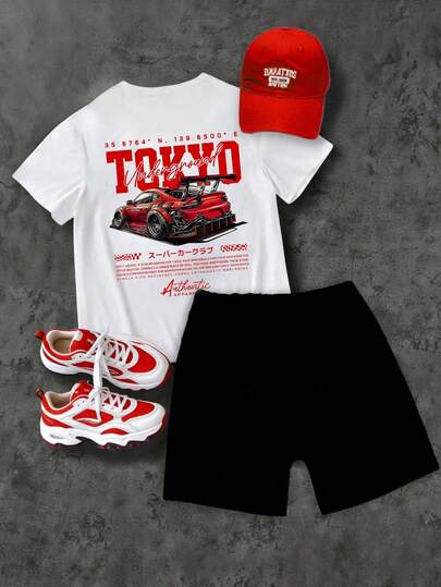 Toddler Cartoon Print Short Sleeve T-Shirt And Shorts Summer Outfit