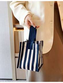 Fashionable Minimalist Women's Small Handbag, Casual Canvas Small Bag, Lightweight Foldable Small Square Bag, Stylish Striped Unique Design, Can Hold Keys, Water Bottle, Phone And Personal Items, Suitable For Outings, Walking, And Carrying Pets - Royal Blue - View 8