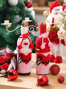 2个情人节小矮人葡萄酒瓶套，情人节针织葡萄酒瓶套，瑞典小矮人葡萄酒瓶塞，粉色爱心蝴蝶结设计，粉色爱心北欧风格，适合家居装饰、情人节、婚礼、餐桌、派对礼物 - 彩色 - 查看 9