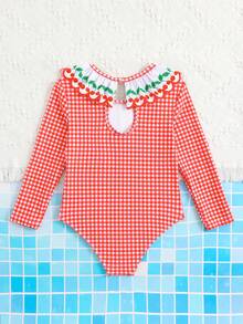 Young Girls Cute Plaid Cherry Print Ruffle One-Piece Swimsuit - Multicolor - View 2