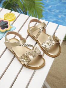 Girls' Gold Rhinestone Flower Sandals, Woven Strap Princess Dress Shoes