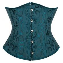 Jutrisujo Underbust Corset Shaper Bustier Top Waist Cincher Body Belt Satin Lace Up Boned Gothic Plus Size Lingerie - 9427-Deep Green - 查看 15