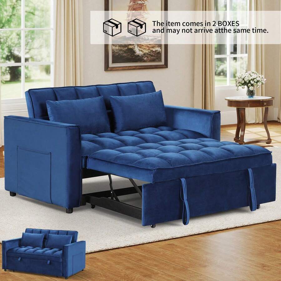 EBELLO 3 In 1 Multi-Functional Telescopic Trundle Sofa Bed Comfortable Double Sofa With Pillows For Small Living Room Bedroom - Azul - Ver 1