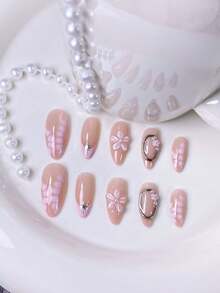 10-Piece Handcrafted Nude-Pink & Glitter Press-On Nails Set (S/M/L): Nude-Pink Base With Gold Glitter, White & Gold Trim Accents, Gentle Delicate Style, Shiny Glossy Texture, Fits Daily Commute, Casual Social & Dates
