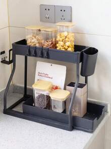 1 pieza Organizador deslizante para debajo del fregadero, cesta organizadora de gabinete, estante de almacenamiento con ganchos para colgar tazas, organizador para baño y cocina - Negro - Ver 5