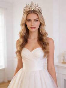 1件优雅奢华的巴洛克风格水钻皇冠头饰，新娘婚礼发饰，浪漫公主舞会派对皇冠，情人节配饰 - 金色 - 查看 3