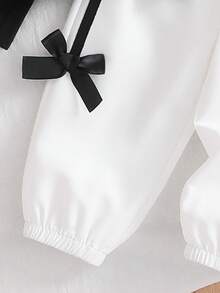 女婴夏季蝴蝶结拼接撞色T恤裤套装（2件套），女婴可爱基础款针织圆领短袖上衣搭配纯色弹力腰裤，休闲假日装扮 - 白色 - 查看 7