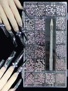 KIRAME 21 Compartments DIY Nail Art K9 Glass Purple Flat Bottom Rhinestone Set - 30pcs High Gloss Rhinestones Per Style, Includes 1 Dotting Pen, Nail Gems, Suitable For Nail Salons, Home Manicure, Nail Art Supplies, Christmas, New Year, Valentine's Day Nails, Holiday Gifts, Also For Crafts, Clothing, Textiles, Shoes, Glassware, Jewelry Making - Multi-Size Sparkling Decorations - 紫色 - 查看 3