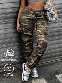 Women's Camouflage Cargo Casual Pants, Featuring Large Patch Pockets, An Elastic Drawstring Waistband, And A Tapered Cuff, Suitable For Daily Outdoor Leisure Activities. - 卡其迷彩 - 查看 2