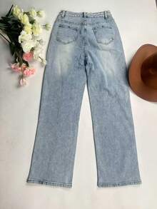 可爱优雅女士破洞直筒牛仔裤，浅色水洗牛仔布，带口袋和拉链，长款，略有弹性 - 藍色 - 查看 8