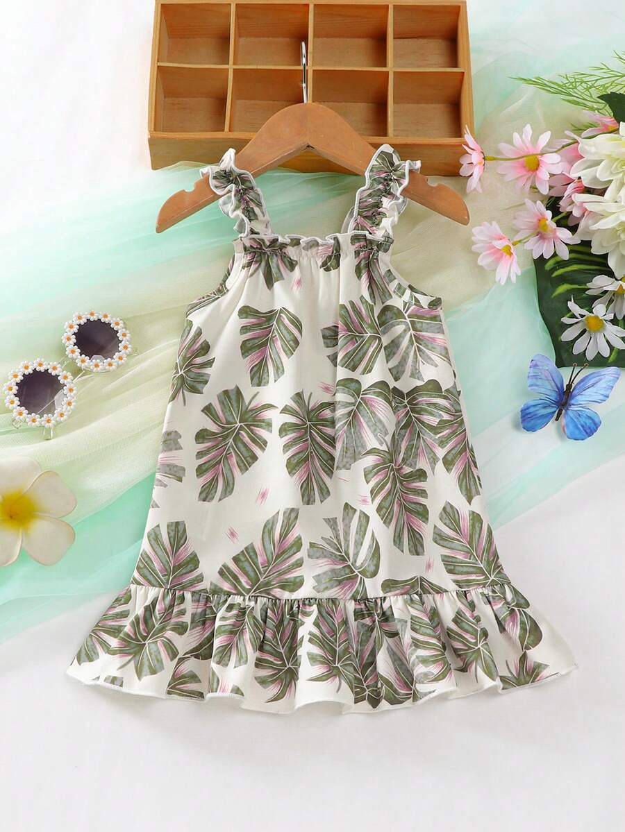 Baby GirlSleeveless Dress, Apricot Base With Green Leaf Print, Ruffle Hem, Loose And Comfortable Fit, Fresh Tropical Style, Suitable For Summer Casual Outings - Green - View 1