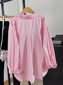 Women's Solid Color Pocket Embroidery Button Casual Shirt Summer - Baby Pink - View 3