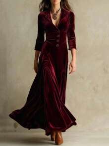 Vestido Largo de Manga 3/4 para Mujer Occidental, Cuello Solapa con Botones, Color Sólido, Cintura Ajustada - Estilo INS - Burdeos - Ver 5