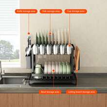 [Kitchen Storage Rack] Large-Capacity Double-Layer Carbon Kitchen Storage Rack With Drainage, Lockable Metal Tableware Stand For Bowls, Cups, Cutting Boards - No Assembly Required, Kitchen Organizers And Storage - Double-layer Black Dish Rack With Knife Holder and Cup Holder - View 4