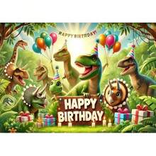 1pc Dinosaur Theme Birthday Backdrop Banner, Dinosaur Jungle Animal Birthday Party Background, Party Photography Backdrop, Party Banner Decor, Indoor/Outdoor Decor, Home, Garden, Yard Decor, Universal Theme, Each Image With White Border - Multicolor - View 5