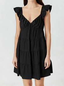 Women Tiered Mini Dress Solid V Neck Flutter Sleeve Backless A-Line Short Dress For Daily Party Club - Black - View 1