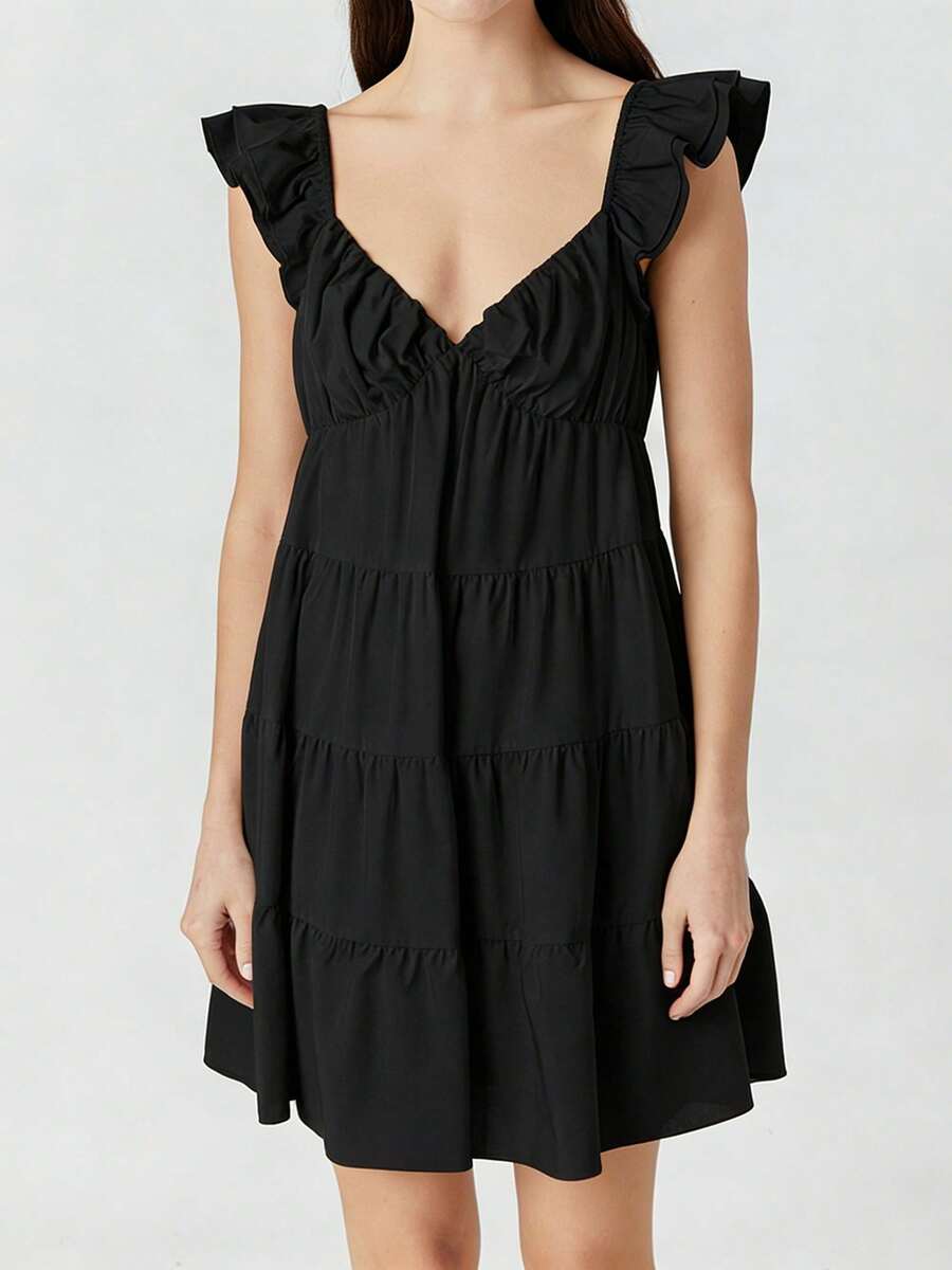 Women Tiered Mini Dress Solid V Neck Flutter Sleeve Backless A-Line Short Dress For Daily Party Club - Black - View 1
