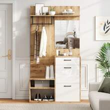 100*38.5*190cm Wardrobe Set With Mirror, Shoe Bench, Shoe Cabinet, Hallway Cabinet, Wall-Mounted Shelf Unit, Compact Wardrobe, With 1 Drawer And 2 Cabinets, Ample Storage Space, White + Original Wood Color