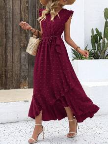 Women Summer Maxi Dress Swiss Dot V Neck Ruffle Cap Sleeve Tie Waist Wrap Ruffle Split Hem Long Dress Bohemia Boho Beach Holiday Vacation Valentine Flowy Long Midi Dress Outfits - 酒紅色 - 查看 5