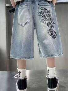 青少年男童新款时尚牛仔七分裤 - 中等水洗藍 - 查看 10