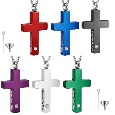 1pc Unisex Stainless Steel Cross Cremation Urn Necklace, Ashes Holder Pendant Necklace