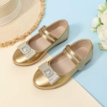 女童闪亮金色水钻蝴蝶结玛丽珍平底鞋