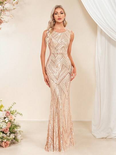 Summer Women's Sequin Sleeveless Mermaid Hem Sparkly Formal Gown , Elegant Gold Party Dress, Formal Wedding Guest Dress, Graduation Ceremony Dress, Evening Gown
