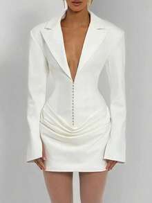 Sexy Ladies White Long Sleeve Deep V Neck Knitted Bodycon Mini Dress With Pleated Details Eve Dress Women