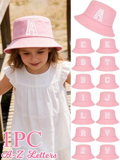 1pc Girls' Pink Letter Pattern Bucket Hat, 26 Letters Customizable, Fashionable Delicate Versatile Lightweight Sun-Shading Hat, Practical Gift For Kids, Suitable For Spring/Summer Outdoor Activities, Hiking, Fishing, School For 5-10 Years Old Girls