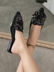 Women's Fashion Faux Flower Slip-On Shoes, Mules, Outdoor Closed Toe Slides, Suitable For All Seasons - Black - View 16