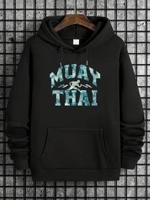 Men's Hoodie - Gray Grid - Patterned Background, Brown Wooden Hanger, Hood With Drawstrings, Front 'MUAY THAI' Light Blue Textured Font & White Muay Thai Fighting Stance Silhouette Design, Fr - màu đen - Xem 1