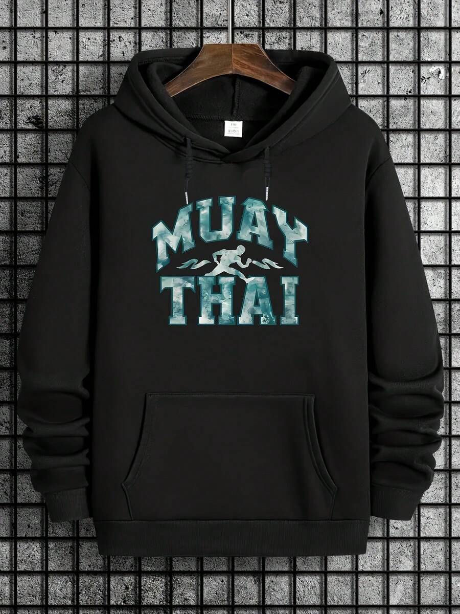 Men's Hoodie - Gray Grid - Patterned Background, Brown Wooden Hanger, Hood With Drawstrings, Front 'MUAY THAI' Light Blue Textured Font & White Muay Thai Fighting Stance Silhouette Design, Fr - màu đen - Xem 1