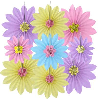 9件套彩色生日装饰品，黄色、粉色和紫色向日葵纸扇，适用于复活节派对、仙女主题派对、婴儿派对、花园、教室墙面装饰