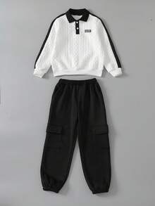2pcs Boys Jacquard Knit Long Sleeve Polo Shirt And Casual Pockets Sweatpants Set, Comfortable And Fashionable For Autumn/Winter - Black and White - View 6