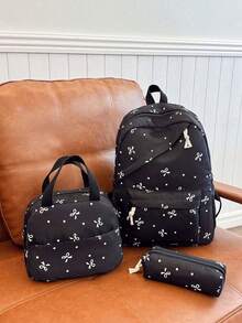 3pcs Nylon Bow Print Backpack Set, Foldable Multi-Pocket Large Capacity Waterproof Zipper Backpack, Suitable For Teenagers, High School Students, College Students, Ladies For Daily Use, Commuting, Travel, Valentine's Day Gift - Black - View 5