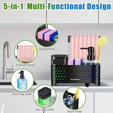 5-In-1 Kitchen & Bathroom Soap Dispenser Set, Includes Soap Pump, Sponge Holder, Cloth Rack, Draining Rack, And Brush Holder, Refillable Soap Bottle, Multipurpose Organizer For Kitchen And Bathroom, Modern Home Decor, Ideal Gift For Weddings, Mother's Day, Father's Day, Family And Friends - 彩色 - 查看 2