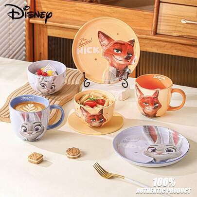 Disney Zootopia Ceramic Tableware Set, Cute 3D Embossed Plate & Cup, Couple Dinnerware, Glazed Embossed Plate & Cup, High-Quality Ceramic Tableware