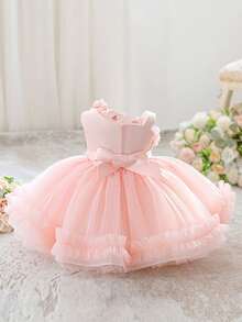 Đầm bé gái không tay thêu hoa 3D đính sequin, chất liệu lưới, dễ thương, thích hợp cho tiệc sinh nhật, lễ kỷ niệm, họp mặt gia đình. Không bao gồm băng đô cài tóc. - Màu Hồng baby - Xem 2